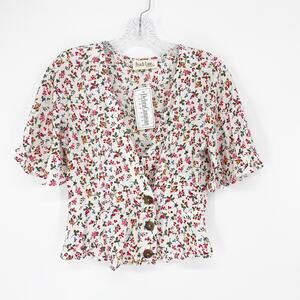 Peach Love Button-Front Floral Crop Top Size Small